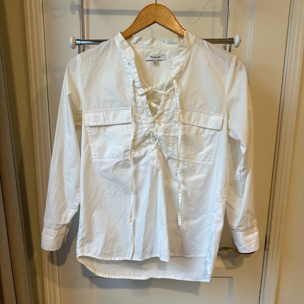 Madewell White Poplin Lace Up Shirt with Front Pockets, Women’s Size XS